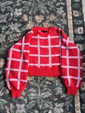 Red Windowpane Crewneck Sweater with Pink Grid